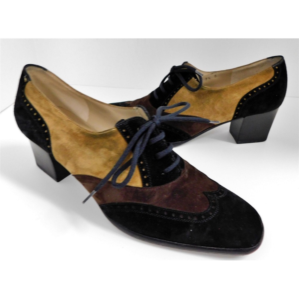 Salvatore Ferragamo Black Brown Tan Suede Leather Wing Tip‎ Oxfords 7.5 B Italy